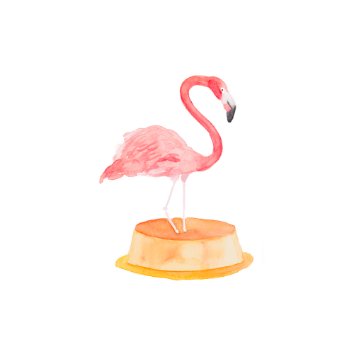 Watercolor flamingo illustration on a flan