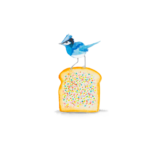Watercolor bird illustration of a blue bird on a fairy toast