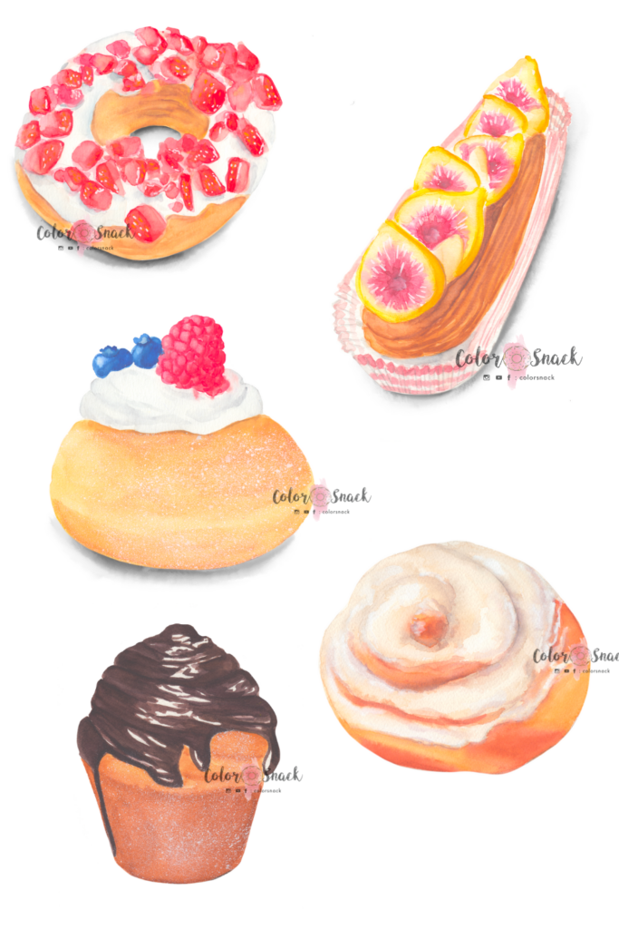 Watercolor donuts illustrations with a cinnamon roll and cruffin