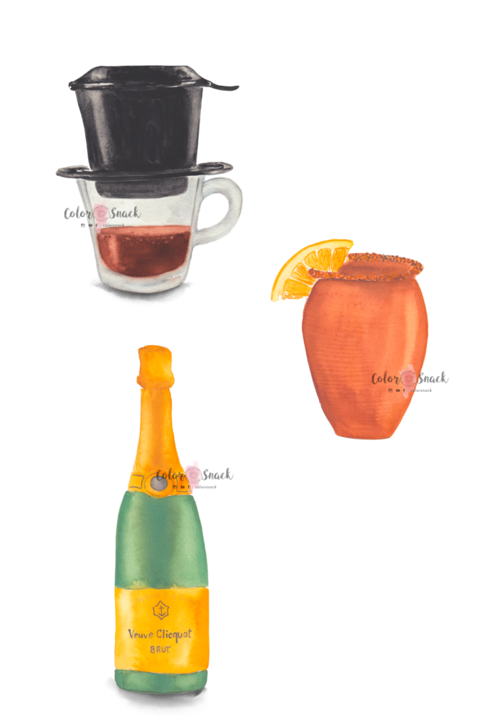 Watercolor coffee, cantarito and champagne bottle illustration