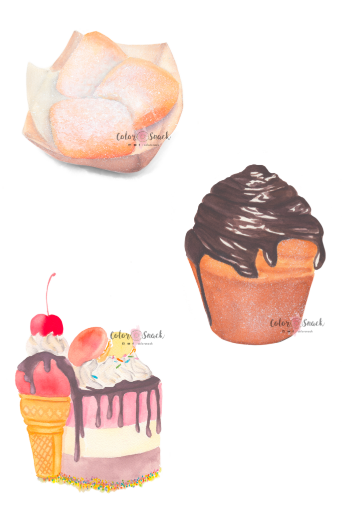 Watercolor food illustration of beignets, cruffin and a cake.