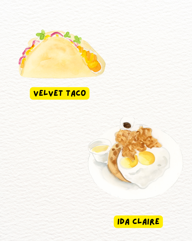 Watercolor Illustration of a taco and a plate of chicken and waffles.