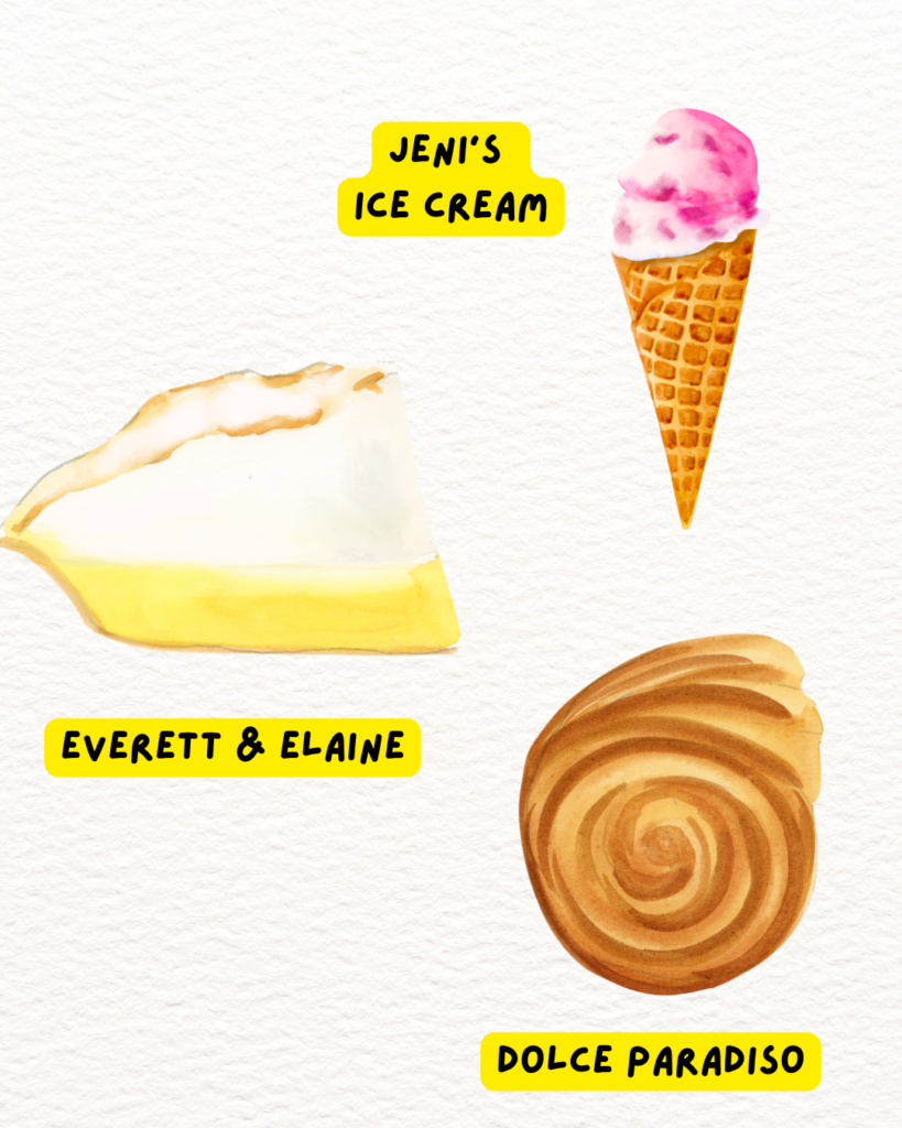 Watercolor Illustration of ice cream, lemon merengue pie and a croissant.