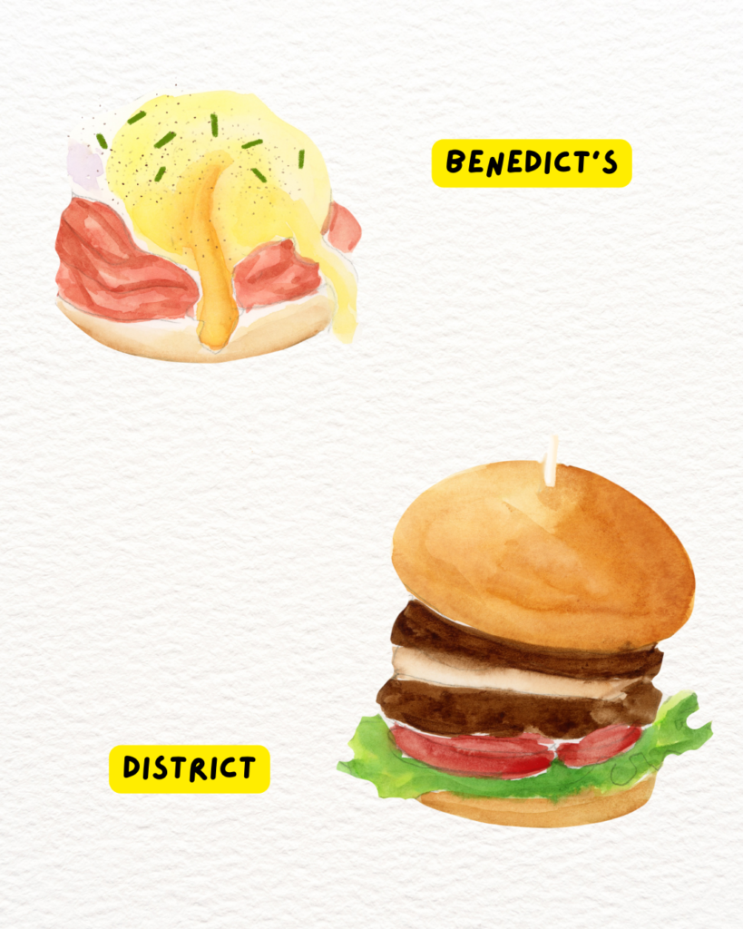 Watercolor Illustration of an egg Benedict and a burger. 